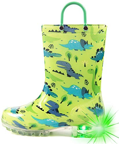 Hugrain Stivali di gomma per bambini adorabili con manici facili, Dinosauro verde chiaro., 30 EU