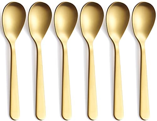 FULLYWARE Cucharas de café Demitasse Gold mate, de acero inoxidable, acabado satinado, mini cucharaditas, cucharas de azúcar, 4.7 pulgadas, juego de 6