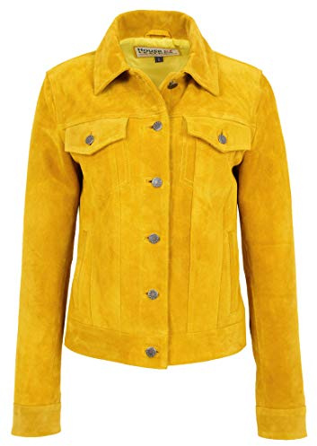 House Of Leather Womens Real Suede Trucker Jacket Western Style Alma (12, Yellow)