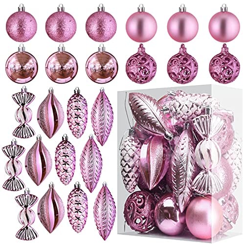 Rosa Weihnachtskugel Ornamente für Weihnachten Dekorationen - 24 Stück Weihnachtsbaum bruchsichere Ornamente mit Aufhängeschlaufe für Weihnachten und Party Dekoration