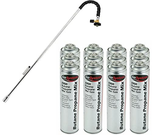 GoSystem Garden Weed Wand Gas Weed Killer Burner Blaster Burning Torch and Gas Canisters Refill for Camping Stove Blowtorch BBQ (12 x Go Can 350g+Weed Wand)