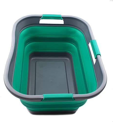 SAMMART Faltbarer Kunststoff-Wäschekorb, 30 l, faltbar, Pop-Up-Aufbewahrungsbehälter/Organizer, platzsparender Wäschekorb, Wasserkapazität 24 l (Dunkelgrau/Blaugrün)