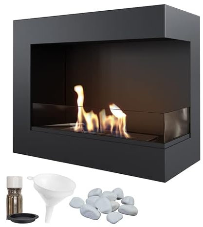 KRATKI Delta 600 Bio Ethanol Eckkamin links + Kieselsteine + Trichter + Aromatherapie-Set | Wand- oder Nischenmontage l Biocontainer 0,5 l, TÜV | Stahl, Verglasung, 48 x 60 cm, Schwarz