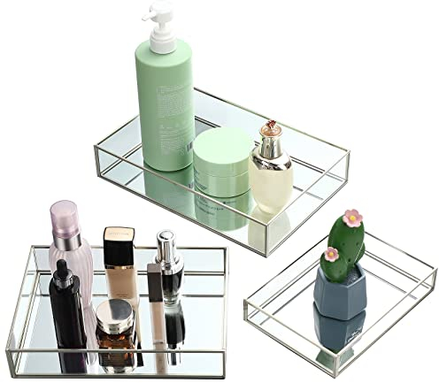 Jetec Spiegeltablett aus Metall, rechteckig, achteckig, Parfümtablett, Spiegel, Make-up, Kosmetik, Kommode, Tablett für Kommode, Schlafzimmer, Badezimmer, Hotel, 3 Größen (Silber)