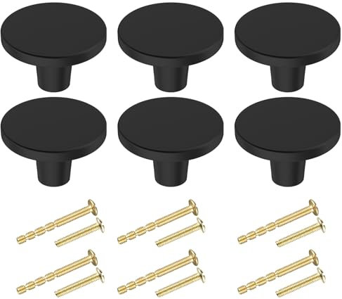 BIGLUFU Lot de 6 boutons de placard de cuisine, 3 cm, noir mat, matériel d'armoire rond solide pour placard, porte de tiroir