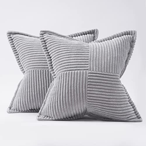 Topfinel Housse de Coussin 40x40 Gris Clair en Velours Côtelé Super Doux Décoration Chambre Bureau à Domicile Housse Coussin de Lecture Lot de 2 Motif à Rayures Croisés Couleur Unie Boheme