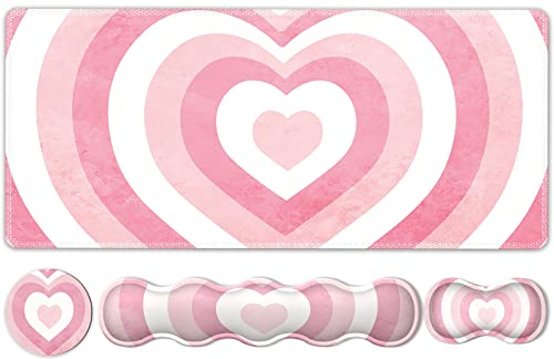 iLeadon Tastatur-Mauspad-Set, großes Gaming-Mauspad + Tastatur-Handgelenkauflage + Maus-Handgelenkkissen + Untersetzer, 89.9x39.9 cm erweiterte Schreibtischmatte für Home Office, rosa Herz