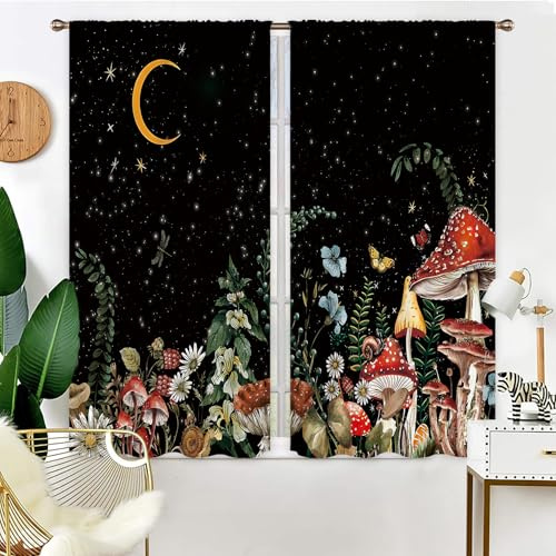 Miyotaa Pilz-Fenstervorhänge, 2 Paneele, 42 Bx63 H, Stangentasche, schwarze Nacht, Gothic, Fee, Cottagecore, Hexe, geheimnisvoll, botanisches Polyester, Behandlung für Schlafzimmer, Wohnzimmer