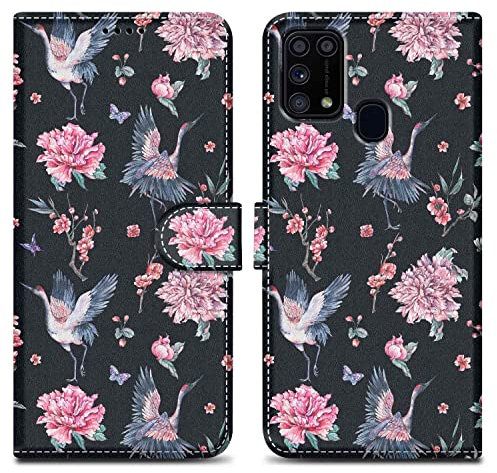 Cadorabo Hülle kompatibel mit Samsung Galaxy M31 - Design Kranich & Blumen No. 9 - Schutzhülle mit Magnetverschluss, Standfunktion und Kartenfach