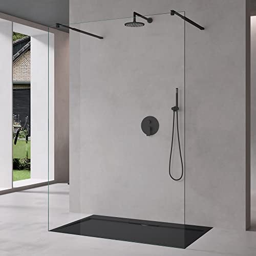 Mai & Mai Duschwand Duschabtrennung 2 Schwarze Haltestange für Walk-In Dusche 100cm 10mm Klarglas ESG-Sicherheitsglas mit Nanobeschichtung Rechteckiger Stabilisator Bremen02K+2