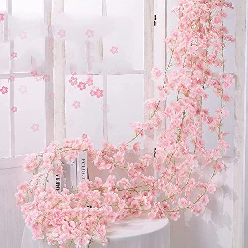 1 Stück Künstliche Kirschblüten Girlanden Blumengirlande Blumen Rebe Seidenblumen Girlanden Hängende Kunstblumen Girlande Deko für Hochzeit Party Haus Garten Bogen Wände,135 Blütenköpfe Hellrosa
