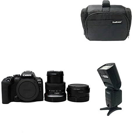 KamKorda Camera Bag + Flash + R10 Mirrorless Camera + RF-S 18-45 f/4.5-6.3 IS STM + R Adapter, 24.2MP APS-C CMOS Sensor, 4K Video + 2 Year Warranty