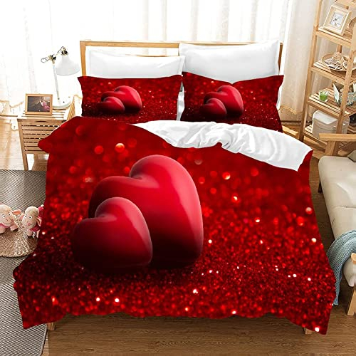 TAKOLI Bettwäsche 200 x 220 3D rote Herzen, Weiche Microfaser Liebe Glitzer Bettwäsche Set 3 teilig - für Partner Paare Bettbezug & 2 Kissenbezüge 80x80, mit Reißverschluss
