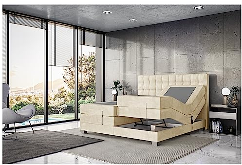 MEBLINI Boxspringbett Elektrisch Verstellbar - Gepolstert Doppelbett mit Matratzen und Toppers - Polsterbett - Bett mit Kopfteil - Edison - 140x200 - H3/Beige Samt