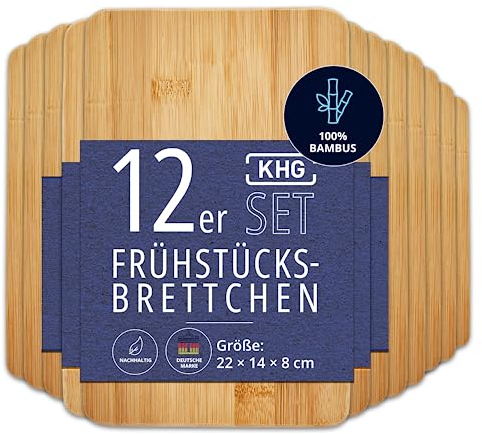 KHG 12er-Set Frühstücksbrettchen aus Bambus Holz - 22 x 14 x 0,8 cm | Schneidebrett Frühstücksbrett Vesperbrettchen Holzbrettchen Set 12 Brettchen nachhaltig antibakteriell