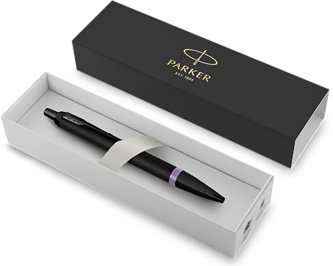 PARKER IM Vibrant Rings Premium-Kugelschreiber aus Metall | Mattschwarzer Satinlack mit Amethyst-Lila-Ring | Schwarze Tinte | In Geschenkbox