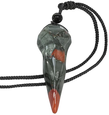 Nupuyai Africa Dlood Stone Skull Carving Crystal Stone Pendant Necklace for Men Women, Natural Carved Stone Raven Skull Jewellery with Adjustable Cord