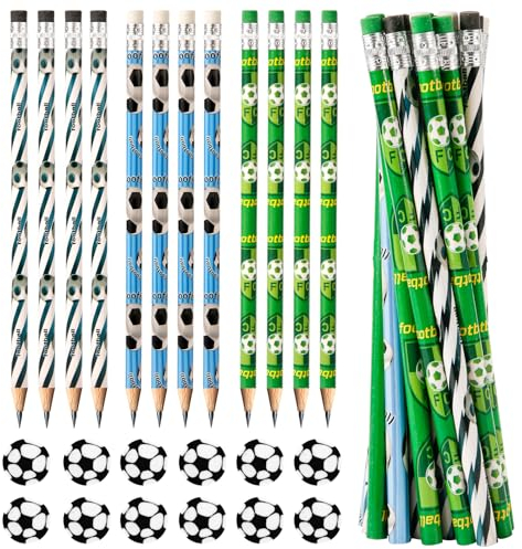 PEUTIER 48pz Bomboniere Calcio Bambini, 24pz Matite Calcio e Gomme Tema Sport Matite in Legno per Ragazzi Bomboniere Compleanno Bambino Calcio Premi Studenti Forniture per Ufficio e Scuola
