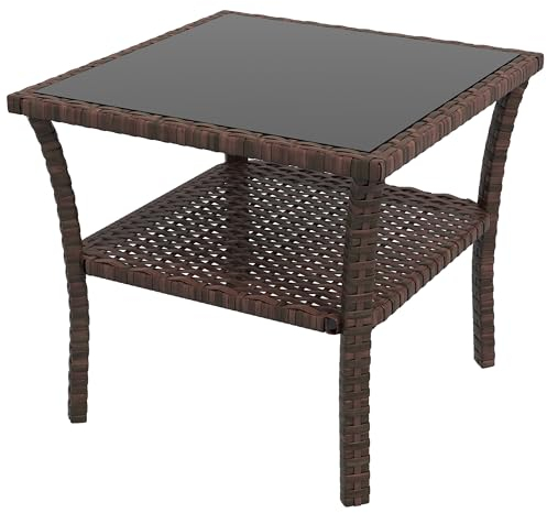 Outsunny Mesa de Ratán Sintético Cuadrada 50x50x45 cm Mesa de Jardín con Estante Encimera de Vidrio y Marco de Acero Carga 30 kg para Terraza Patio Marrón