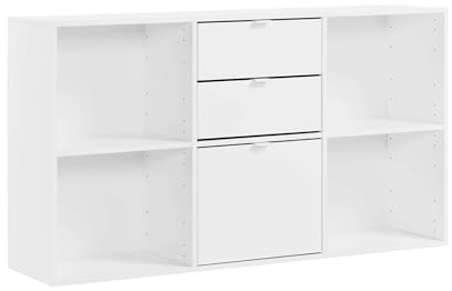 mokebo Aktenregal oder Raumteiler Regal in Weiß 'Der Verstauer', Holzregal mit Schubladen & Fächern, Bücherregal oder Würfelregal fürs Büro, Regal fürs Kinderzimmer in 132x75x35 (B/H/T in cm)