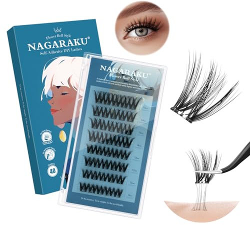 NAGARAKU Pre Glued Cluster Lashes 40 Pcs No Glue Needed One-Step Press-On Lash Clusters Self Adhesive Reusable DIY Lashes Flower Roll Style (SA-05,0.07mm C Curl 10-16mm)
