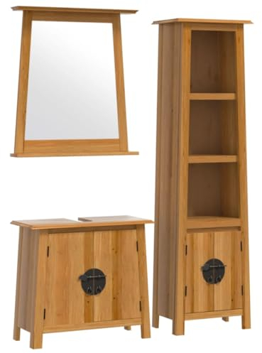 vidaXL Badmöbel Set 3-TLG., Badschrank mit Stauraum Metallgriffe, Waschbeckenunterschrank für Badezimmer, Badspiegel Hochschrank, Massivholz Kiefer