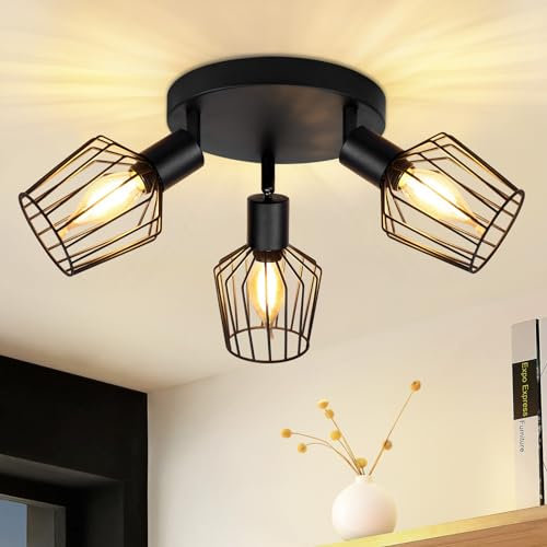 Lichtmaler Deckenstrahler Schwarz Deckenlampe 3 Flammig - Deckenleuchte Rund Industrie Metall E14 Deckenspot Vintage Schwenbar Spotlight für Flur Küche Schlafzimmer(ohne Leuchtmittel)