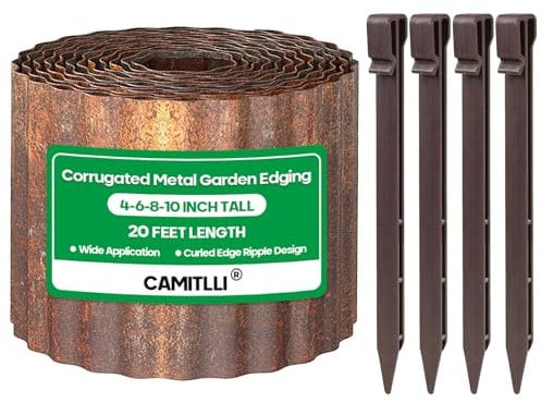 Camitlli Garden Edging Border, Sturdy Landscape Edging Border for Raised Beds&Tall Borders with 4pcs Garden Anchor Stakes, Metal Corrugated Garden Edging Border for Lawn DIY Flower Beds,10×20FT