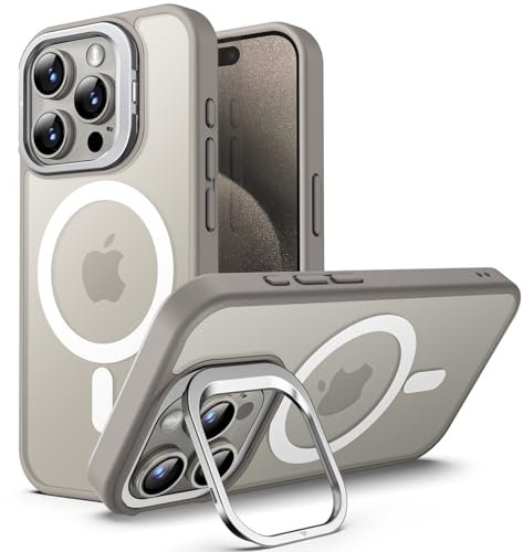 JETech Kickstand Case for iPhone 15 Pro Max 6.7-Inch Compatible with MagSafe, Built-in Adjustable Camera Stand, Translucent Matte Magnetic Back Slim Shockproof Phone Cover (Natural Titanium)