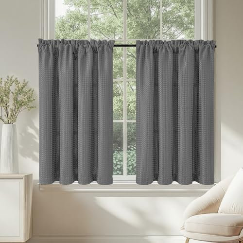 TOPICK Grey Kitchen Curtains 36 Inch Drop Small Cafe Curtains Waffle Weave Textured Curtain Tiers for Bathroom Sink Laundry Half Window Rod Pocket 2 Panels
