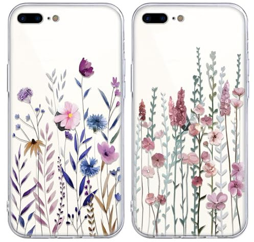 Coiwxmoi 2 Stück Blumen Handyhülle für iPhone 8 Plus/iPhone 7 Plus Hülle 5,5, Transparent Aesthetic Muster Handyhülle für Mädchen Frauen Durchsichtig Weich Silikon TPU Stoßfest Bumper Schutzhülle