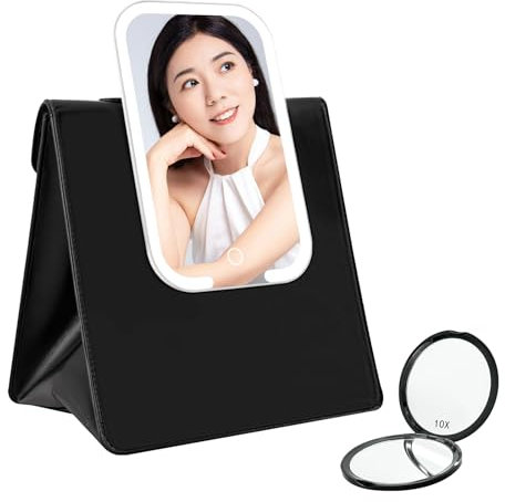 Borsa Trucchi con Specchio a LED Staccabile, Porta Trucchi da Viaggio in Pelle PU Impermeabile, Beauty Viaggio Donna Portatile con Specchio Ingranditore 10X, per Cosmetici (3 Colori e Dimmerabile)