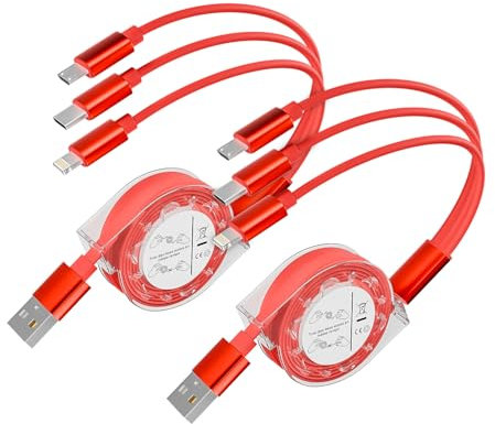Firsting Multi Charging Cable,(2 Pack 5FT),Retractable Charging Cable 3 in 1 Charging Cable Universal USB Charging Cord with Type-C, Micro USB,IP Port for Most Cell Phones & Pads-Red