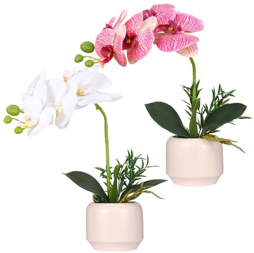 Kisflower 2 pack Potted Orchid Plant Fake Phalaenopsis Flowers with Plastic Vase,Artificial Orchid Flowers in Pot for Table Centerpieces Living Room Home(1 White and 1 Pink)