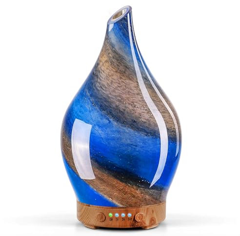 Porseme Aroma Diffuser 150ml, Handgeblasen Glas Diffuser für Ätherische Öle, Luftbefeuchter Ultraschall Cool Mist Leise,7 Arten LED Lichtfarben,Auto Power-Off, BPA Frei für Wohnung mit Timer(Galaxy)