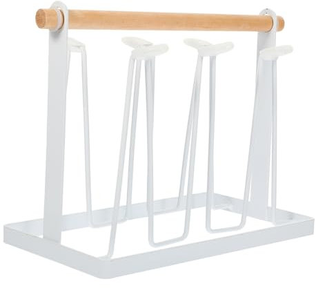PHENOFICE Kitchen Cup Stand White Iron Frame and Wooden Handle, Hanging Draining Mug Holder Rack for Household Coffee Mugs and Kitchen Accessories Storage