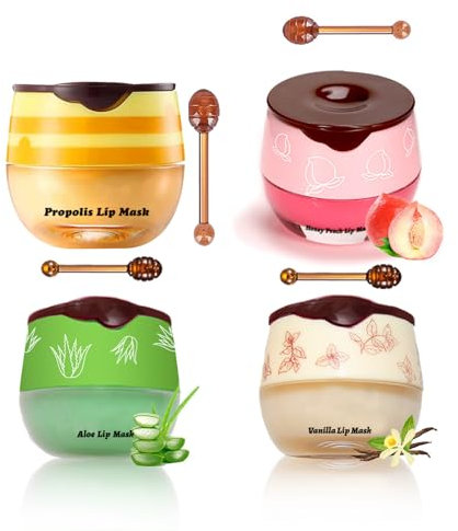 DOOCECIY 4 Stück Honey Balm Set, Moisturizer Honey Lip Balm für Trockene, Rissige, Sich Schälende Lippen