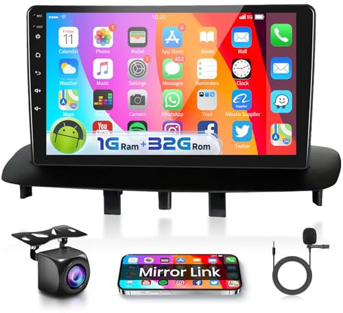 Podofo 9'' Autoradio 2 Din per Renault Megane 3 export 2009-2014,1+32G,GPS Navi,Mirror link,Airplay,Assistente vocale,Radio Bluetooth RDS/FM Assistente vocale+Telecamera posteriore AHD/DVR/Canbus