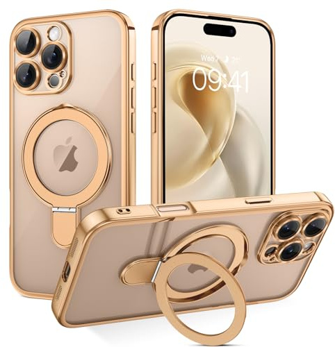 BENTOBEN Funda Magnética para iPhone 16 Pro MAX Compatible con MagSafe Carga Inalámbrica con Anillo Soporte Invisible Carcasa Protectora Completa de Cámara Translúcido Enchapado Mate -Oro