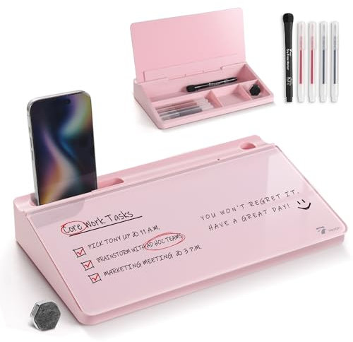 TOWON Small Glass Desktop Whiteboard with Storage – 30 x 17 cm Dry Erase Board for Desk, Home Office, School | Includes 5 Markers, Eraser & Holder | Space-Saving Organizer, Aesthetic Pink Design