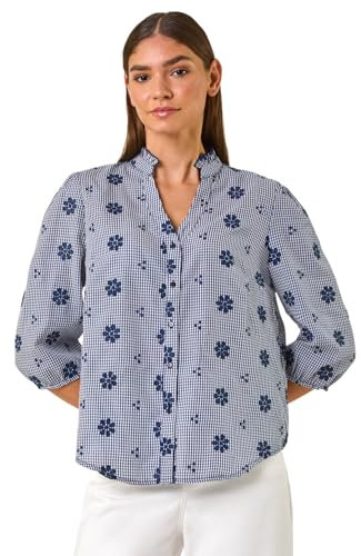 Roman Originals Shirt Top for Women UK Ladies Collarless Blouse Smart Tunic Button Through Longline Asymmetric Hem 3/4 Length Roll Up Sleeves V Neck Going Out - Floral Navy - Size 20
