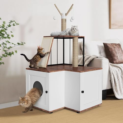 Katzenbaum mit Katzenklo Schrank, 124cm moderner Katzenturm für Wohnungskatzen, Versteckte Katzentoilettenmöbel, All-in-one Katzenmöbel mit Sisalstämmen, Plüschbälle