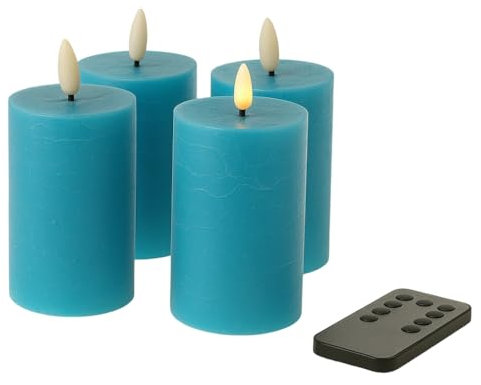 Fachhandel Plus LED Kerzen mit Timer – Stumpenkerzen aus Echtwachs mit 3D Flamme & Fernbedienung – LED Echtwachskerzen in verschiedenen Farben & Größen – Ø 6,5/7,5 cm (Blau, 10 x 6,5 cm)