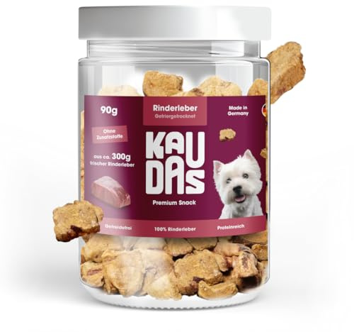 KAUDAS RinderleberPur Natursnack – 5 x 90 g gefriergetrocknetes Rinderleber Leckerli Hund mit hohem Proteingehalt, 100% natürlicher Hundesnack 450g Rohgewicht – ohne Zucker, Getreide & Zusatzstoffe