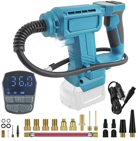 TALOEYH - Compressore batteria compatibile con batteria Makita 18V, compressore d'aria senza fili, adattatore di alimentazione per auto da 12 V, 0-120 PSI, pompa ad aria portatile per moto, bicicletta