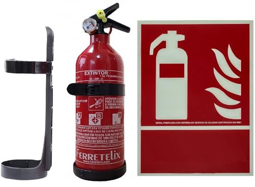 FERRETELIX® Extintor de 1 kg ABC + Cartel Fotoluminiscente 31x20 cm Homologado + Soporte de Montaje – Para Coche, Hogar, Oficina, Caravana, Barco o Barbacoa – Año 2025