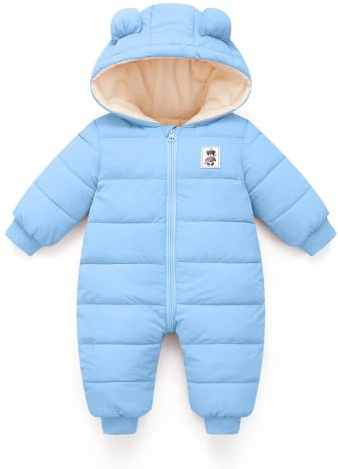Minizone Baby Snowsuit Winter Hooded Romper, Warm Pramsuit Baby Coat Jumpsuit Zipper Bodysuits Infant Clothes Outfits Boys Girls 0-3 Months Blue 2
