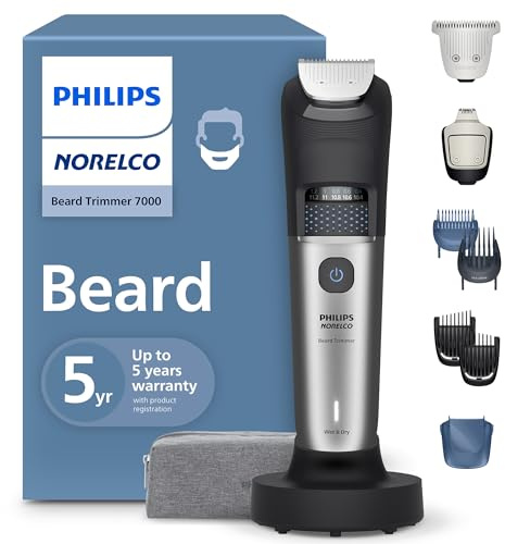 Norelco Philips Bartschneider 7000 Serie, 100% wasserdichter Trimmer für Männer, 40 Lock-in-Haarlängeneinstellungen, BeardSense Leistungsanpassungsfähigkeit, Detail- & T-Blade Trimmerköpfe