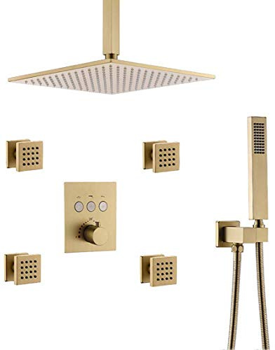 SnamicE Classic Shower,Brass Shower Faucet Complete Shower Kit with 12 inch Ceiling Rain Head and 4 Pcs Body Sprayer, Brushed Gold Shower Set,