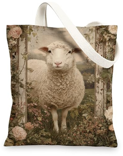 Leinen-Tragetaschen mit Schaf-Motiv, niedliches Tier-Blumen-Design, wiederverwendbar, Vintage-Stil, leicht, waschbar, Schulterriemen, Taschen für Reisen